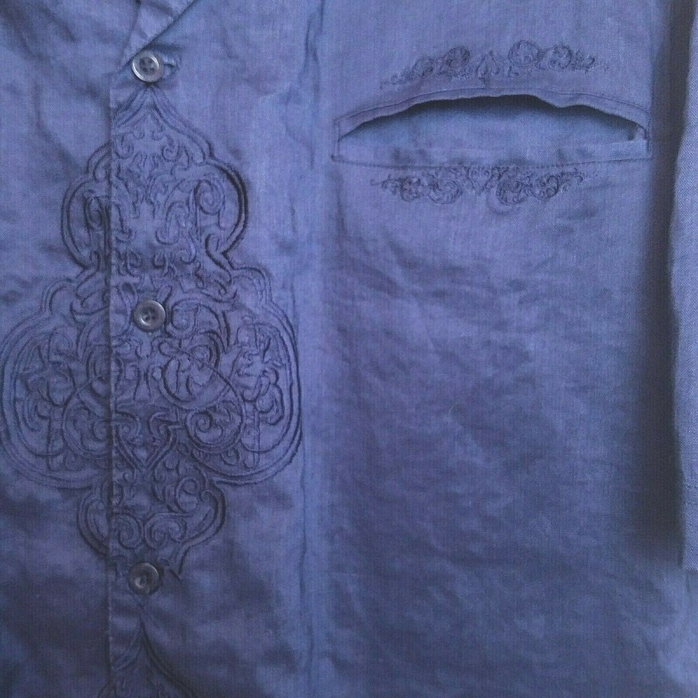 Stacy Adams Mens Button Camp Shirt LARGE Blue Ramie Short Sleeve Pocket Casual - Picture 3 of 6